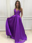Saténové dlouhé jednoduché fialové plesové šaty s výstřihem do V a kapsami APD2765