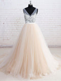 V-neck See-through Bodice Tulle Wedding Dresses with Chapel Train,APD2657-SheerGirl