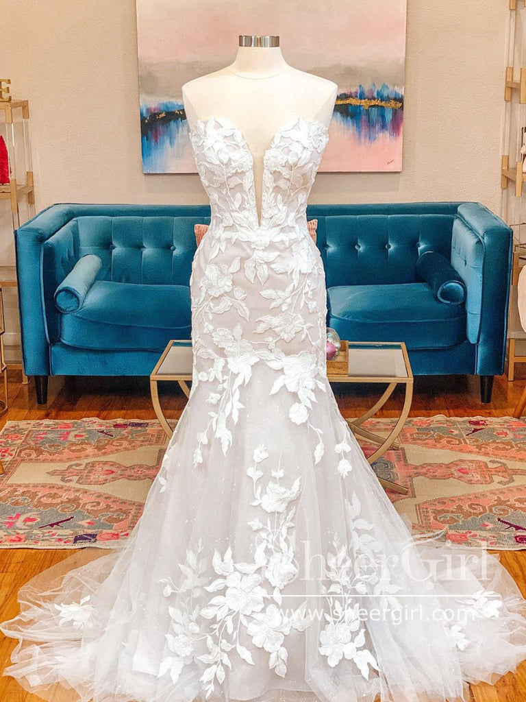 Vintage Embroidery Lace Mermaid Tulle Wedding Dresses Strapless Boho Bridal Gown AWD1855-SheerGirl