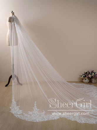Vintage Floral Lace with Sequins Cathedral Veil Shaped Bridal Veil Wedding Veil ACC1184-SheerGirl