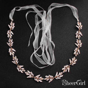Vintage Gold Leaves Bridal Sash with Crystals ACC1146-SheerGirl