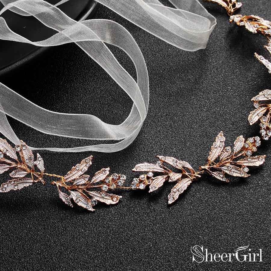 Vintage Gold Leaves Bridal Sash with Crystals ACC1146-SheerGirl