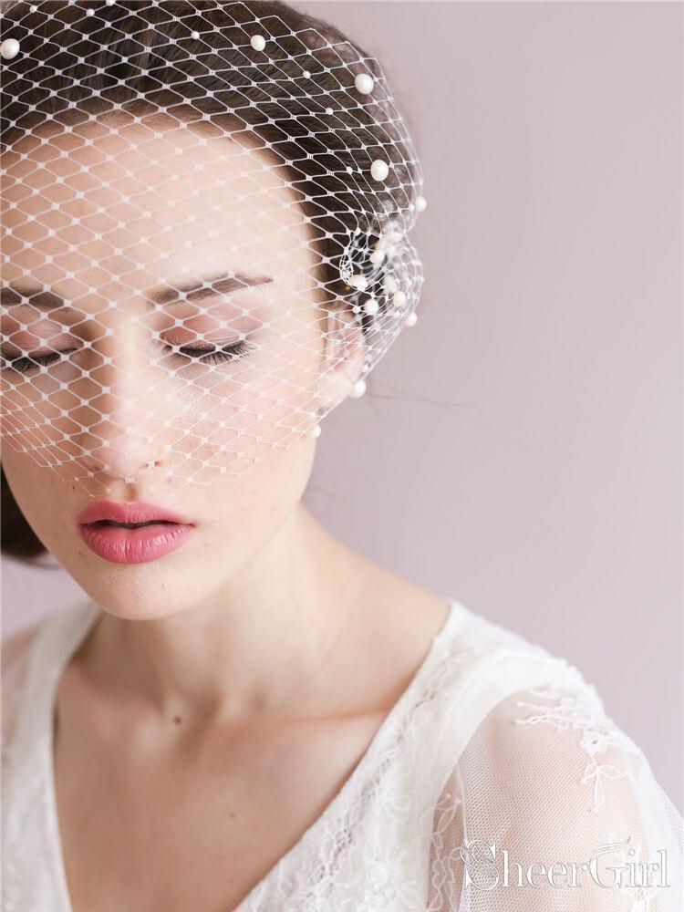 Vintage Ivory Mesh Birdcage Wedding Veils with Pearls ACC1085-SheerGirl