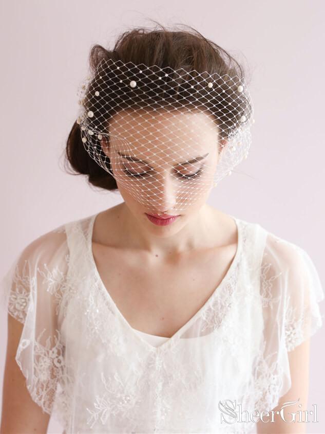 Vintage Ivory Mesh Birdcage Wedding Veils with Pearls ACC1085-SheerGirl