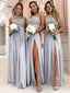 Vintage Lace Appliqued Silver Bridesmaid Dresses with Thigh Split ARD1759