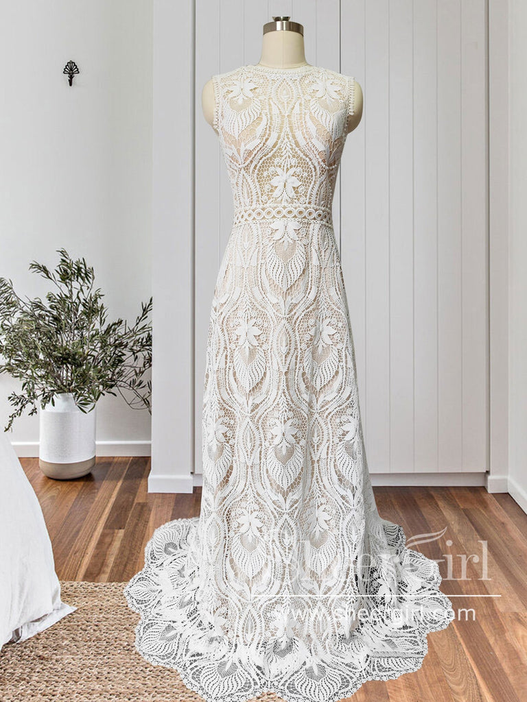 A Line Vintage Lace Bodice Bateau Corset Back Satin Wedding Dress WD523