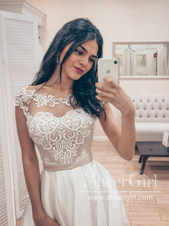 Vintage Lace Bodice Bateau Corset Back A Line Satin Wedding Dress AWD1763-SheerGirl