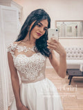 Vintage Lace Bodice Bateau Corset Back A Line Satin Wedding Dress AWD1763-SheerGirl