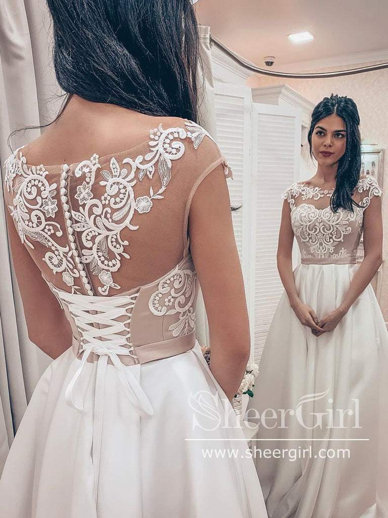 Vintage Lace Bodice Bateau Corset Back A Line Satin Wedding Dress AWD1763 Vintage Lace Bodice Bateau Corset Back A Line Satin Wedding Dress AWD1763