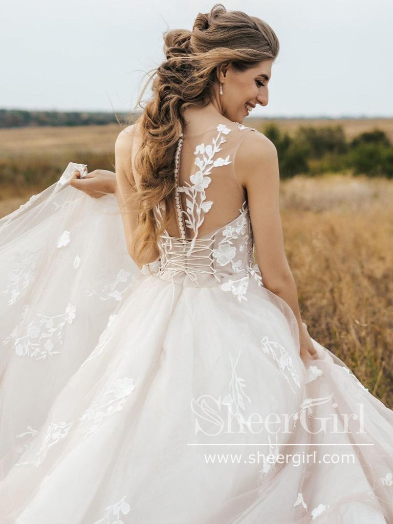 Vintage Lace Illustion Neckline Corset Back A Line Tulle Wedding Dress AWD1773-SheerGirl