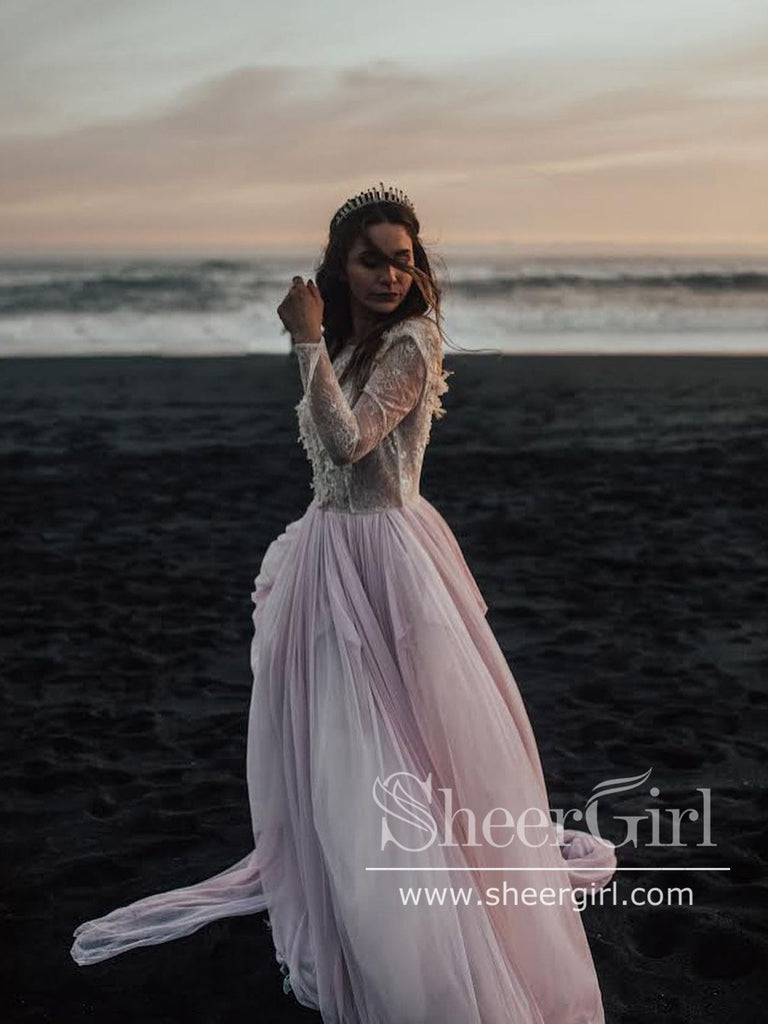 Vintage Lace Long Sleeves Boho Wedding Dresses 3D Florals Bridal Dress AWD1793-SheerGirl