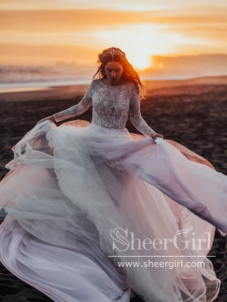 Vintage Lace Long Sleeves Boho Wedding Dresses 3D Florals Bridal Dress AWD1793-SheerGirl