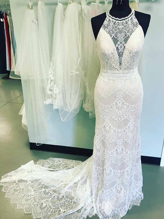 Vintage Lace Mermaid Wedding Dresses See Through Neckline Bridal Dress AWD1315-SheerGirl