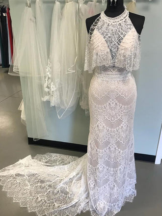 Vintage Lace Mermaid Wedding Dresses See Through Neckline Bridal Dress AWD1315-SheerGirl