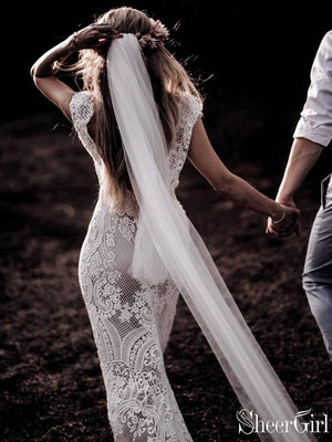 Vintage Lace Rustic Wedding Dresses Cap Sleeve Sheath Boho Wedding Dress AWD1347-SheerGirl