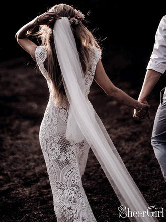 Vintage Lace Rustic Wedding Dresses Cap Sleeve Sheath Boho Wedding Dress AWD1347-SheerGirl