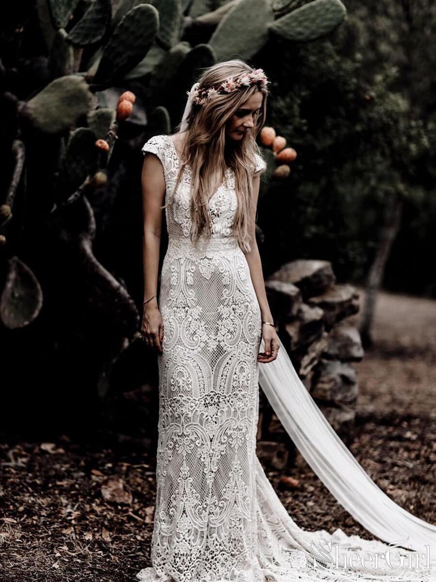 Vintage Lace Rustic Wedding Dresses Cap Sleeve Sheath Boho Wedding Dre –  SheerGirl