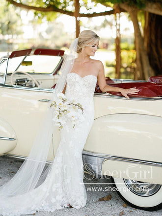 Vintage Lace Sheath Wedding Dress Strapless Boho Wedding Gown with Tulle Bolero AWD1947-SheerGirl