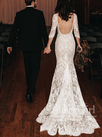 Vintage Lace V Neck Mermaid Bridal Gown with Chapel Train Wedding Dress AWD1824-SheerGirl