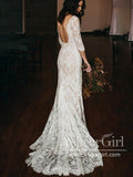 Vintage Lace V Neck Mermaid Bridal Gown with Chapel Train Wedding Dress AWD1824-SheerGirl