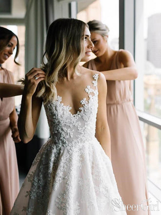 Vintage Lace Wedding Gowns See Through Illusion Neck Wedding Dresses AWD1342-SheerGirl