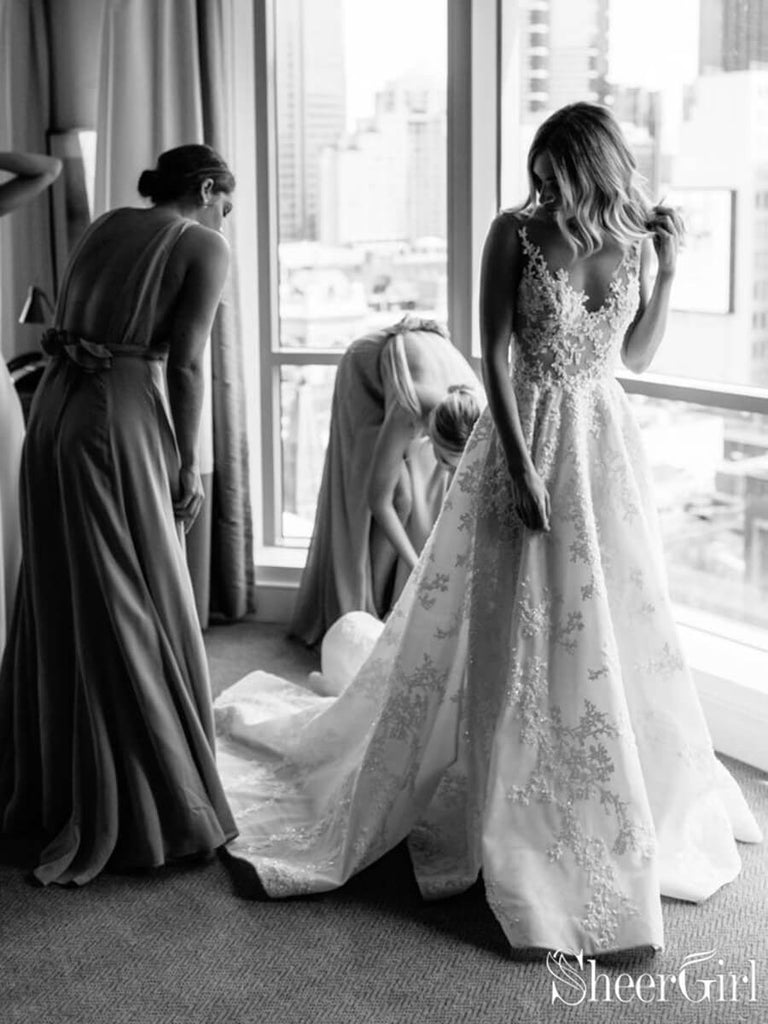 Vintage Lace Wedding Gowns See Through Illusion Neck Wedding Dresses AWD1342-SheerGirl