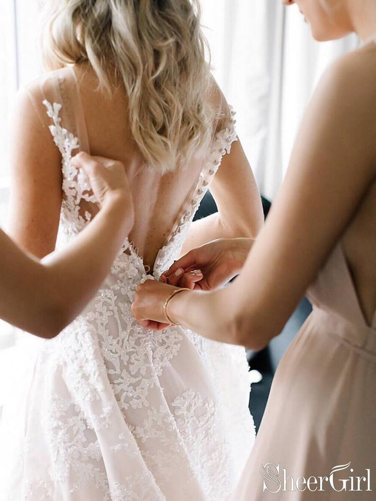 Vintage Lace Wedding Gowns See Through Illusion Neck Wedding Dresses AWD1342-SheerGirl