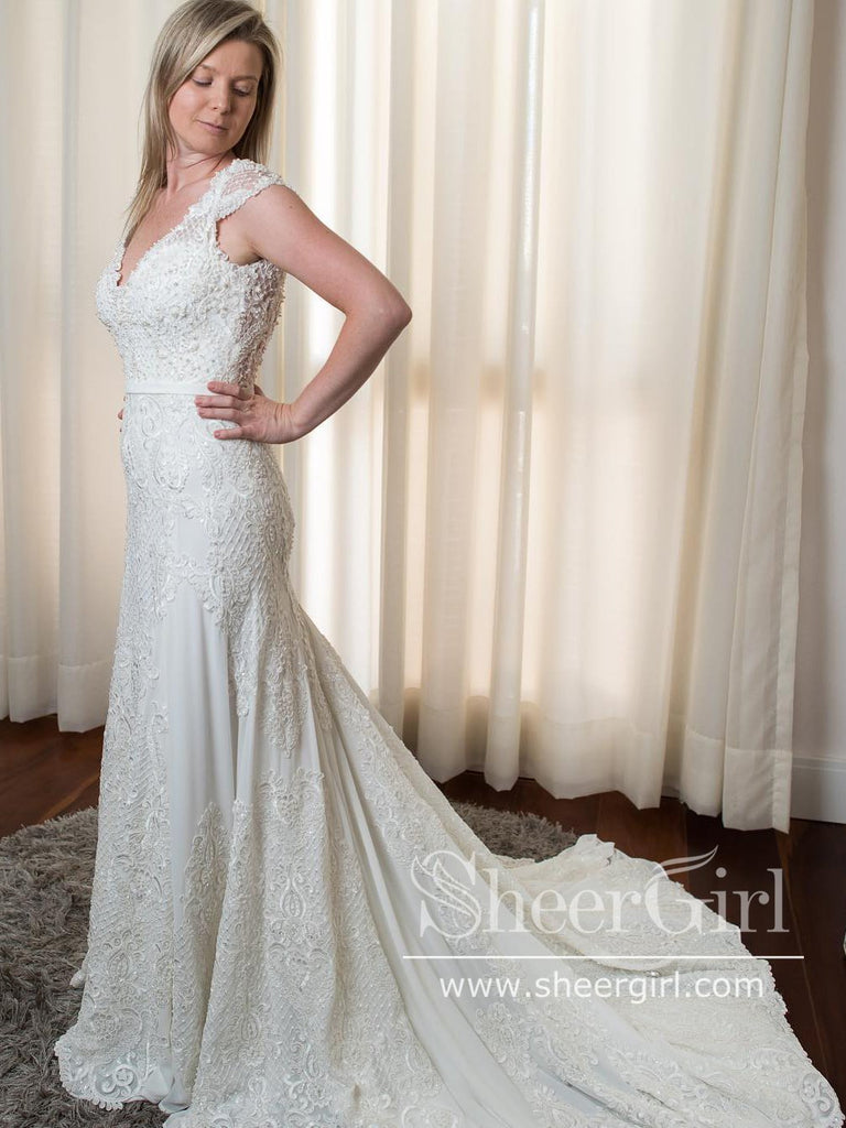 Vintage Lace with Beadings Scoop Sleeves Sweetheart Neck Mermaid Chiffon Wedding Dress AWD1734-SheerGirl