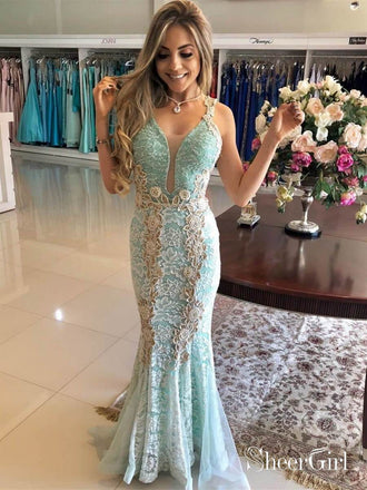Vintage Mint Lace Mermaid Prom Dresses V Neck Formal Dress ARD1902-SheerGirl