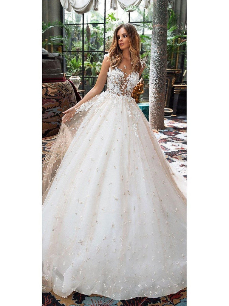 Vintage Princess Wedding Dresses A Line Lace Applique Modest Wedding Dresses AWD1055-SheerGirl