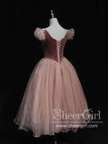 Vintage Velvet Princess Dress Polka Dots Tea Length Homecoming Dress ARD2753-SheerGirl