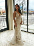 Waved Lace Mermaid Wedding Dress Backless Wedding Gown AWD1871-SheerGirl