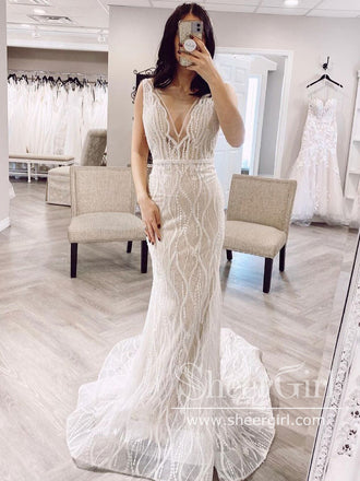 Waved Lace Mermaid Wedding Dress Backless Wedding Gown AWD1871-SheerGirl