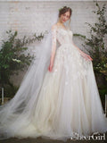 Wedding Dress with 3/4 Long Sleeves and Floral Embroidery Illusion Neckline AWD1674-SheerGirl