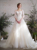 Wedding Dress with 3/4 Long Sleeves and Floral Embroidery Illusion Neckline AWD1674-SheerGirl