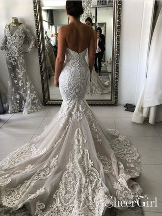 Wedding Dress with Drop Waist and Cascades Gorgeous Lace Mermaid with Court Train Bridal Dress AWD1675-SheerGirl
