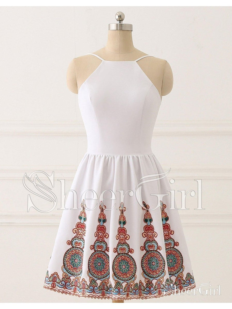 White Boho Printed Homecoming Dresses Backless Summer Dress AWD1223-SheerGirl