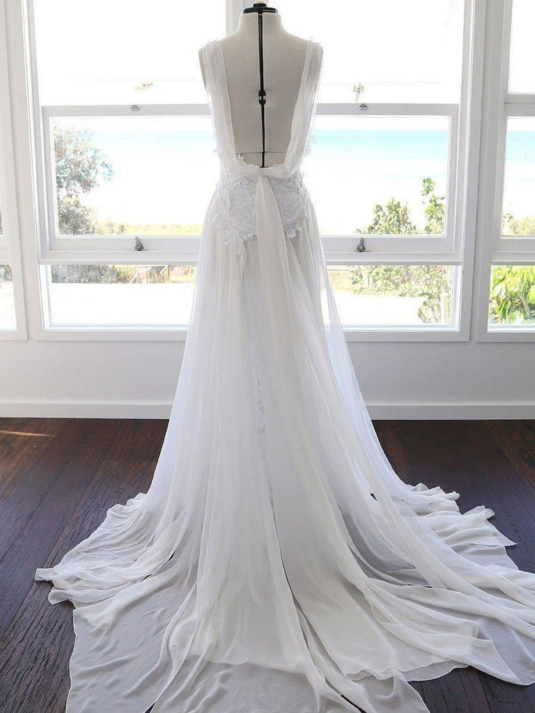 White Chiffon Spaghetti Strap Lace Beach Wedding Dresses,BCD0024-SheerGirl