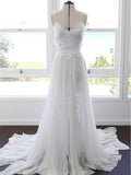 White Chiffon Spaghetti Strap Lace Beach Wedding Dresses,BCD0024-SheerGirl