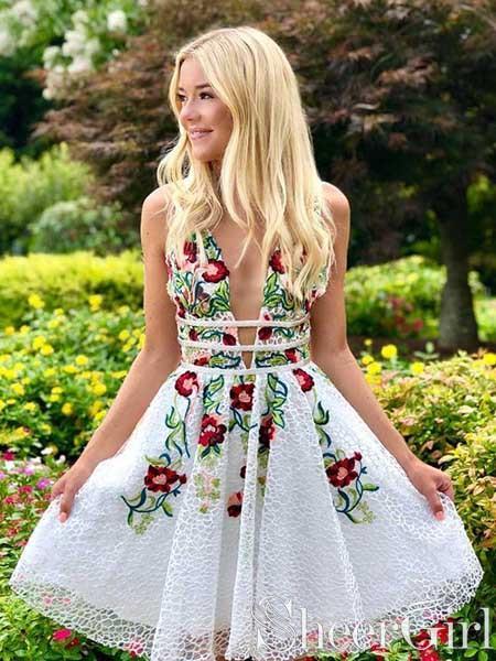 White Floral Embroidery Homecoming Dress Sweet 16 Dress ARD2436 – SheerGirl