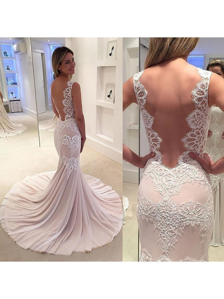 White Lace Appliqued Mermaid Wedding Dresses with Chapel Train SWD0059-SheerGirl