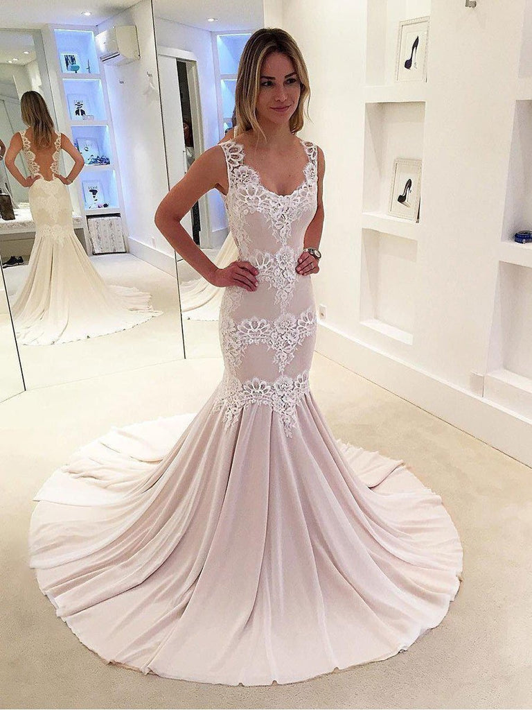 White Lace Appliqued Mermaid Wedding Dresses with Chapel Train SWD0059 White Lace Appliqued Mermaid Wedding Dresses with Chapel Train SWD0059