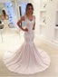 White Lace Appliqued Mermaid Wedding Dresses with Chapel Train SWD0059