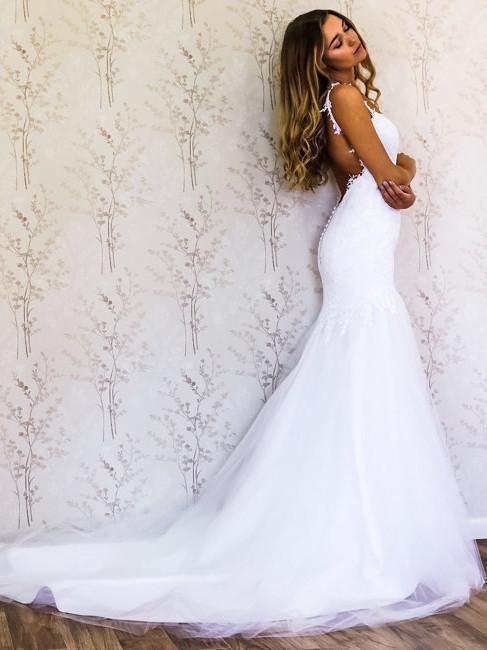 chinese dress ladies Spaghetti Straps Lace Mermaid Cheap Wedding Dresses, Mermaid Wedding G –  SposaDresses