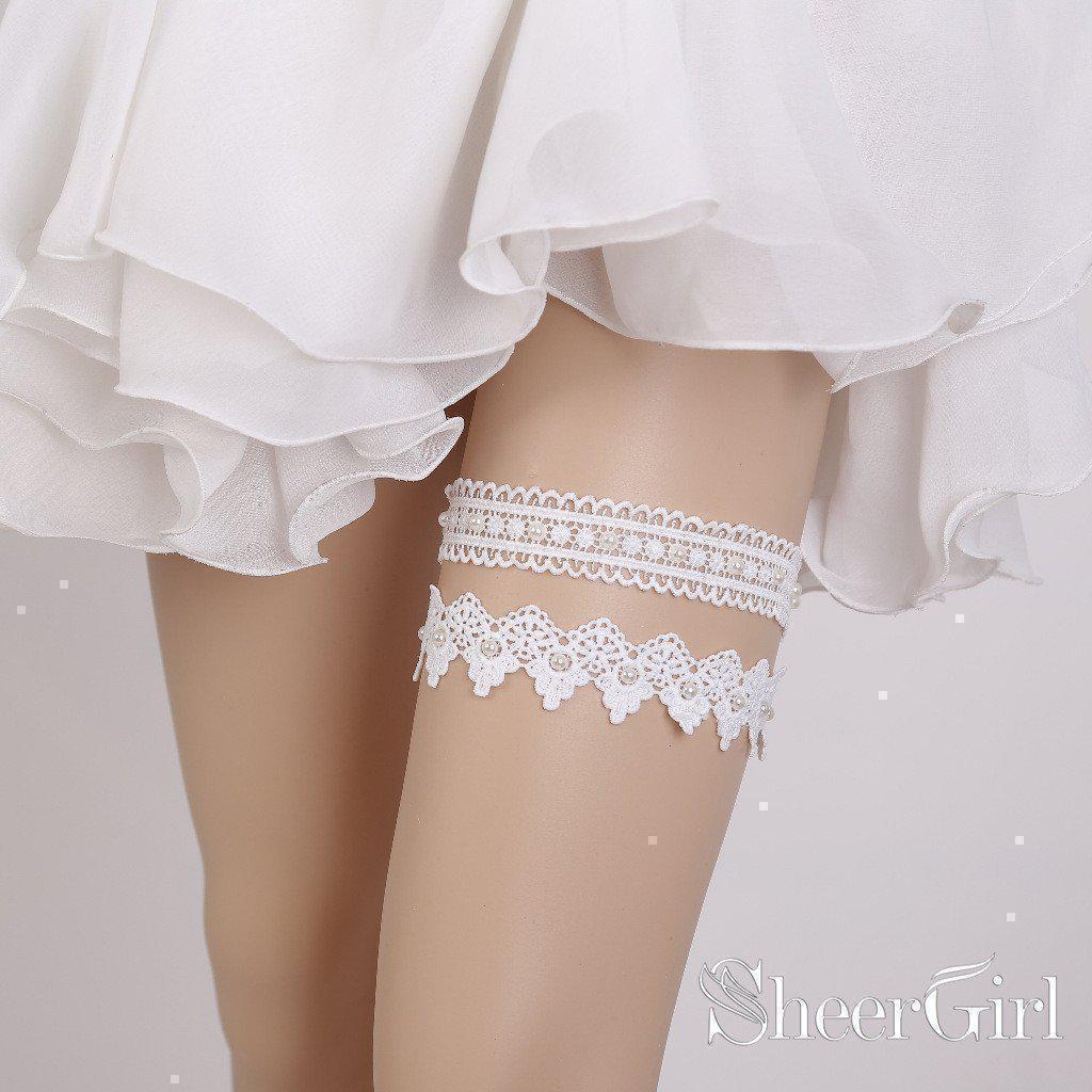 White Lace Wedding Garter Set Bridal Garters Pearls ACC1027-SheerGirl