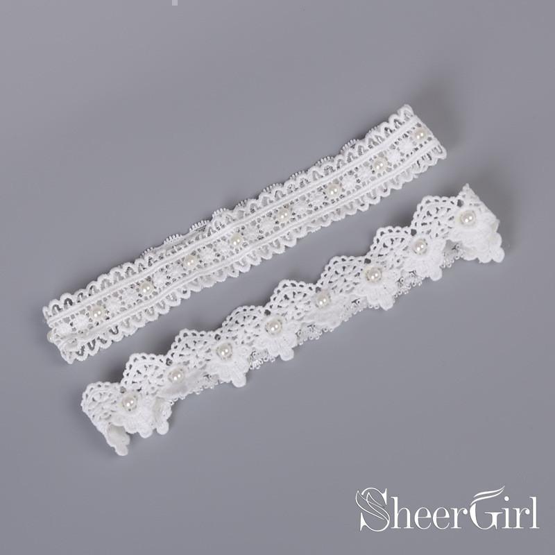 White Lace Wedding Garter Set Bridal Garters Pearls ACC1027-SheerGirl