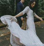 White Mermaid Lace Wedding Dresses with Sleeves Backless Rustic Bridal Dress AWD1363-SheerGirl