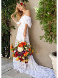 White Off the Shoulder Bohemian Beach Wedding Dresses Boho Lace Wedding Dress AWD1186-SheerGirl