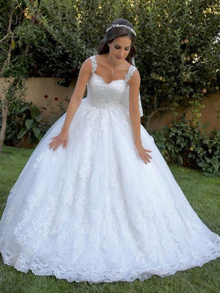 White Simple Wedding Dresses Cheap Lace Applique Ball Gown Wedding