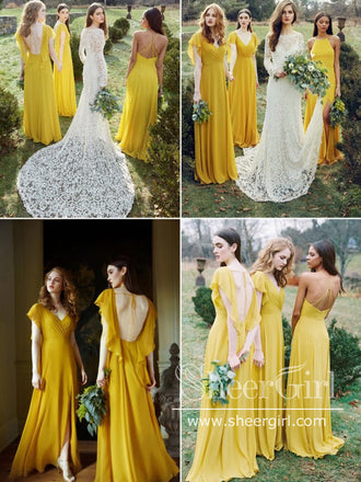 Yellow Chiffon Bridesmaid Dresses Modest Long Formal Gowns ARD2350-SheerGirl